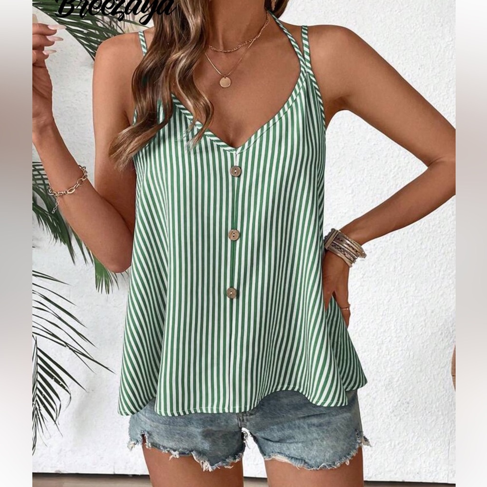 SHEIN Green Striped Spaghetti Strap Tank Top